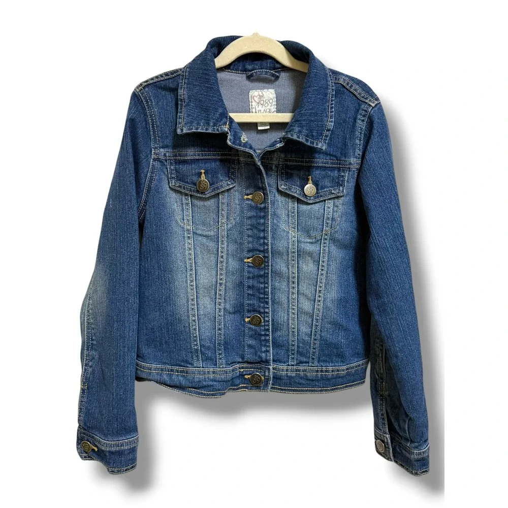 The Children's Place Kids Denim Trucker Jacket Blue Medium Wash Distressed 10/12